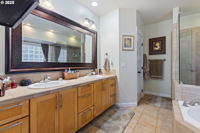 24150 NW Green Mountain Rd, Banks, OR 97106 - full bathroom with tiled shower, a bath, double vanity, tile patterned floors, and baseboards