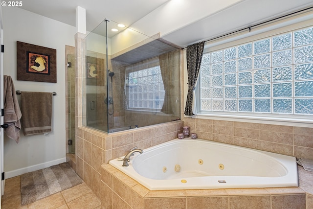 24150 NW Green Mountain Rd, Banks, OR 97106 - bathroom with a stall shower, a tub with jets, baseboards, tile patterned flooring, and recessed lighting