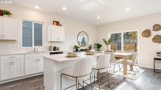 kitchen with dark wood-style floors, light countertops, a sink, and white cabinets