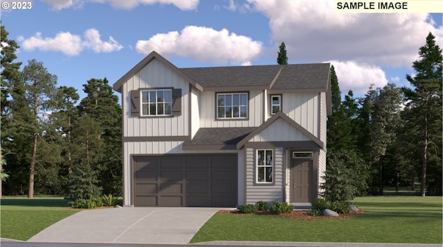 modern inspired farmhouse featuring roof with shingles, concrete driveway, a front lawn, and a garage