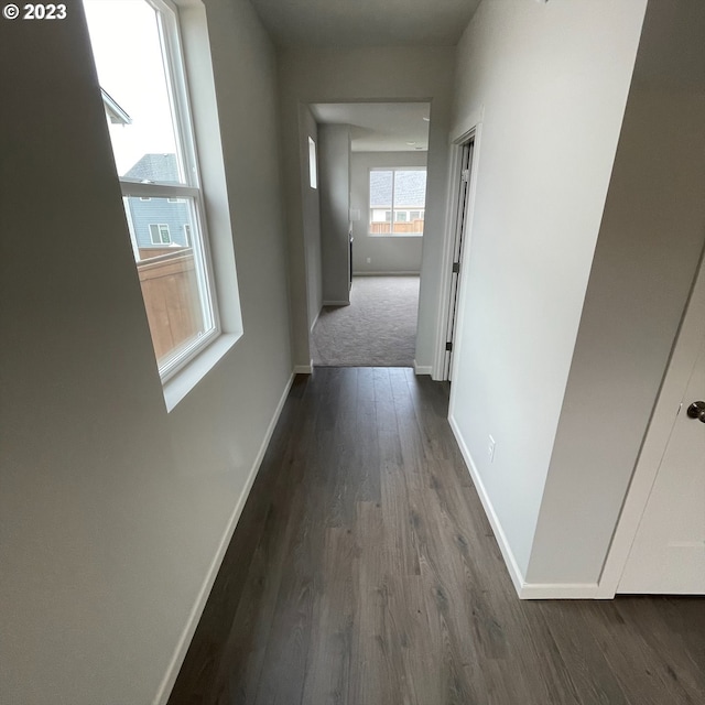 hallway with dark wood-style flooring and baseboards