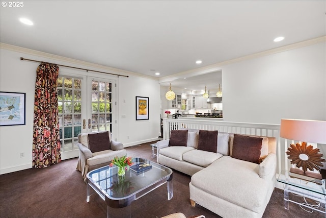 living area with recessed lighting, baseboards, french doors, ornamental molding, and dark colored carpet