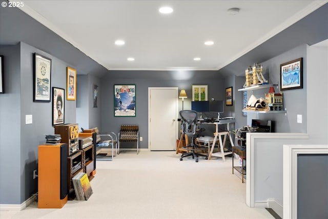 carpeted office space featuring recessed lighting, crown molding, and baseboards