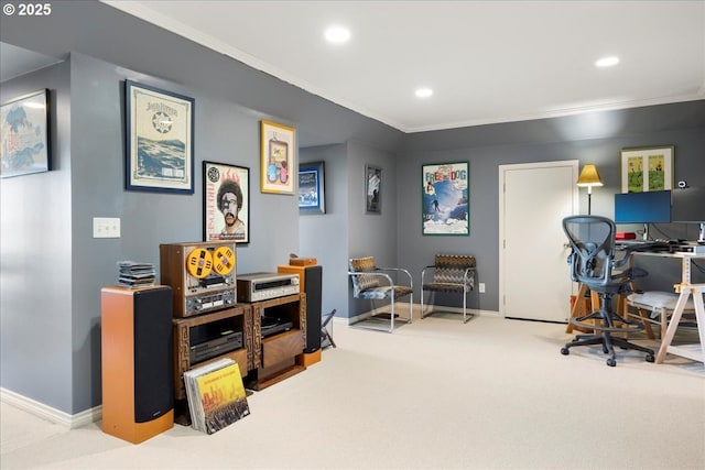 carpeted office featuring baseboards, crown molding, and recessed lighting