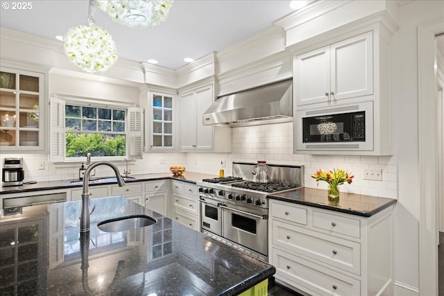 kitchen with wall chimney range hood, a sink, appliances with stainless steel finishes, and decorative backsplash