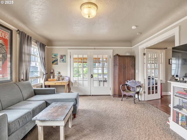 1078 Harrison Ave, Astoria, OR 97103 - living area featuring french doors, a textured ceiling, and wood finished floors