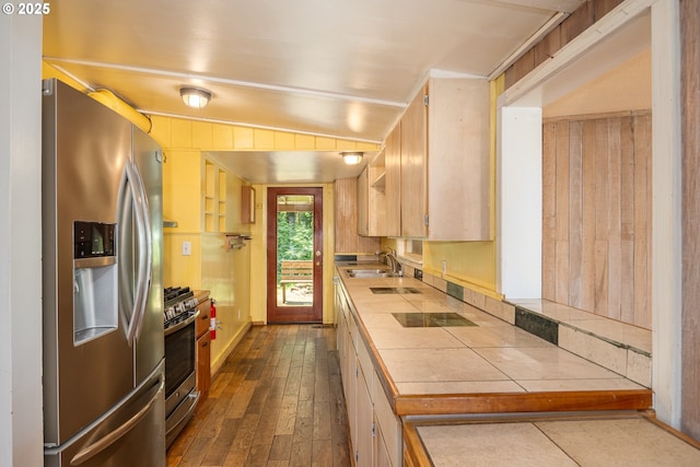 32468 Dillard Rd, Eugene, OR 97405 - kitchen featuring appliances with stainless steel finishes, tile countertops, and dark wood finished floors