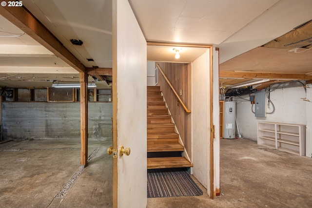 32468 Dillard Rd, Eugene, OR 97405 - unfinished below grade area with water heater, stairs, and electric panel