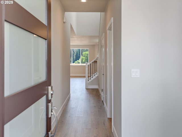 13863 SW Sabrina Ave, Tigard, OR 97140 - hallway with recessed lighting, light wood-style floors, baseboards, and stairway