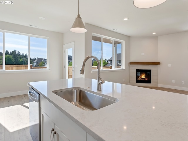 13863 SW Sabrina Ave, Tigard, OR 97140 - kitchen with a sink, light wood-style floors, dishwasher, light stone counters, and baseboards