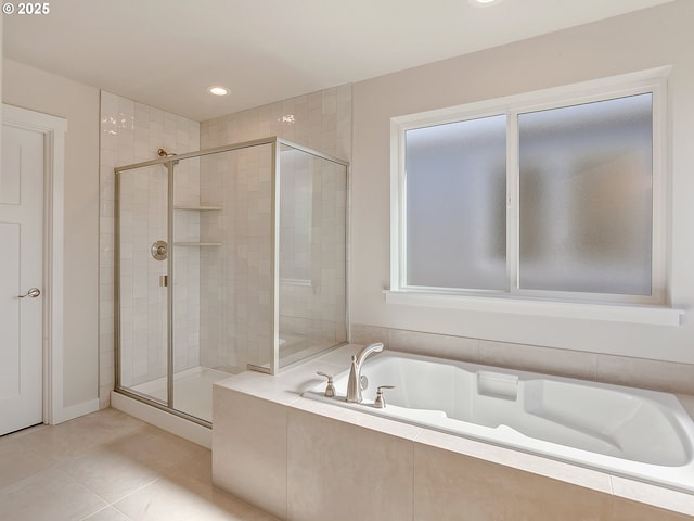 13863 SW Sabrina Ave, Tigard, OR 97140 - full bath featuring a garden tub, a shower stall, tile patterned floors, and recessed lighting