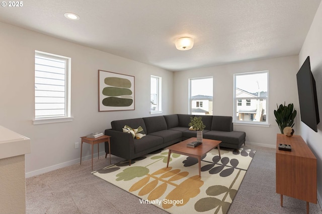 13863 SW Sabrina Ave, Tigard, OR 97140 - living area featuring carpet, baseboards, a textured ceiling, and recessed lighting