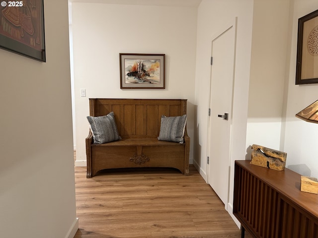 living area with light wood-style flooring and baseboards