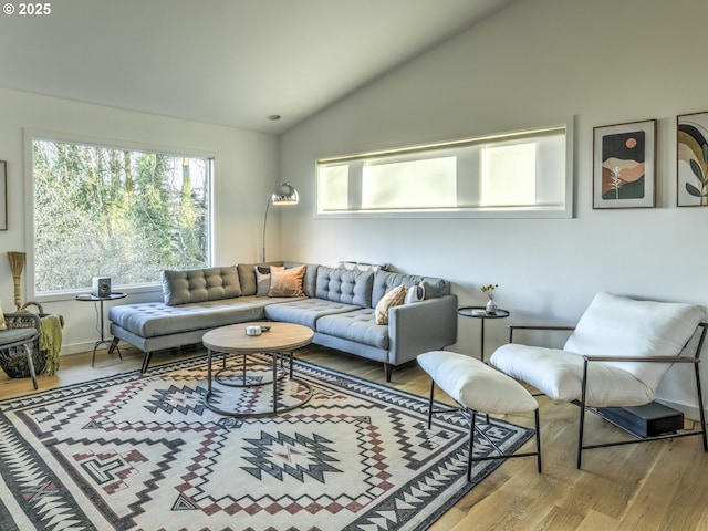 living area with lofted ceiling, plenty of natural light, and wood finished floors