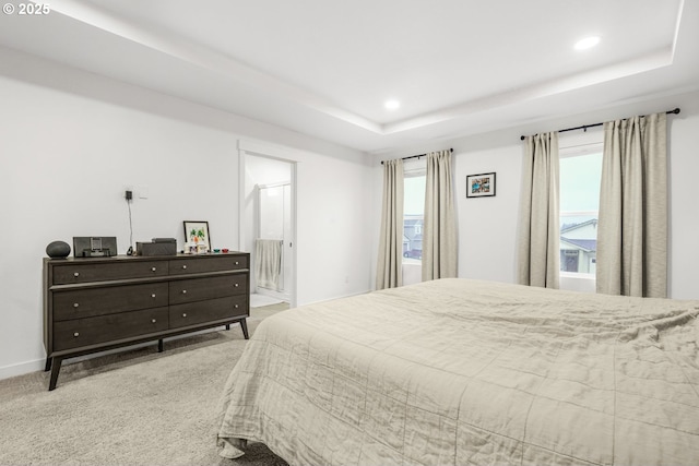 carpeted bedroom with a raised ceiling