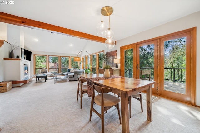13305 Fox Run, Lake Oswego, OR 97034 - dining room with french doors, light colored carpet, a glass covered fireplace, and recessed lighting