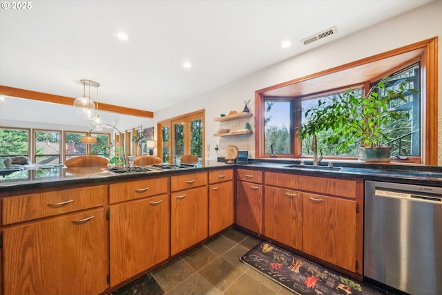 13305 Fox Run, Lake Oswego, OR 97034 - kitchen featuring stainless steel appliances, brown cabinets, open shelves, pendant lighting, and recessed lighting