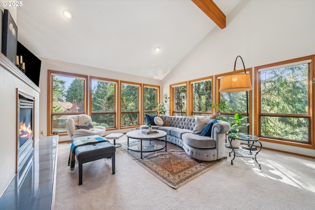 13305 Fox Run, Lake Oswego, OR 97034 - living room with beam ceiling, recessed lighting, a glass covered fireplace, and high vaulted ceiling