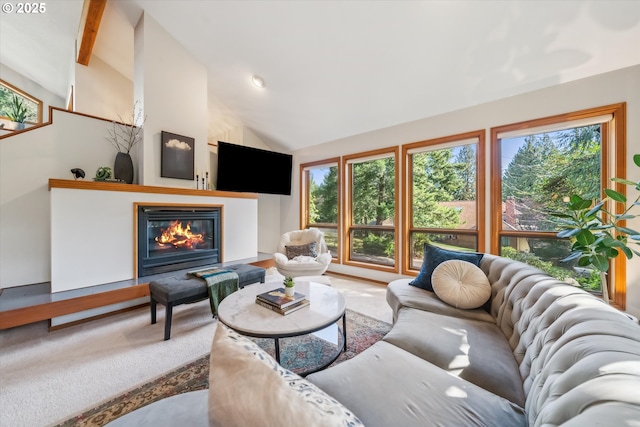 carpeted living room with a glass covered fireplace and lofted ceiling