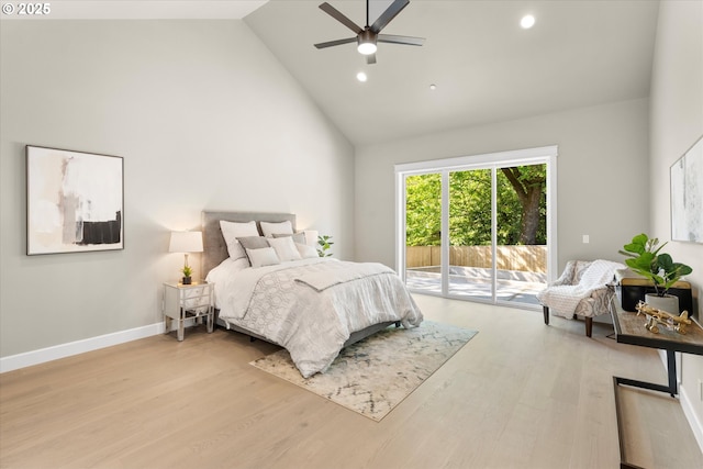 15007 Twin Fir Rd, Lake Oswego, OR 97035 - bedroom featuring access to exterior, high vaulted ceiling, recessed lighting, wood finished floors, and ceiling fan