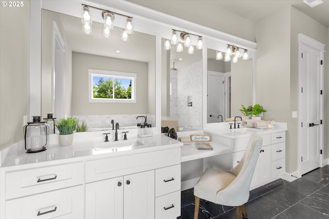 15007 Twin Fir Rd, Lake Oswego, OR 97035 - full bath featuring vanity, a tile shower, and marble look tiles