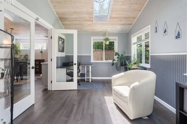 3141 SW 176th Ave, Beaverton, OR 97003 - living area with french doors, wood finished floors, vaulted ceiling, a wainscoted wall, and wood ceiling