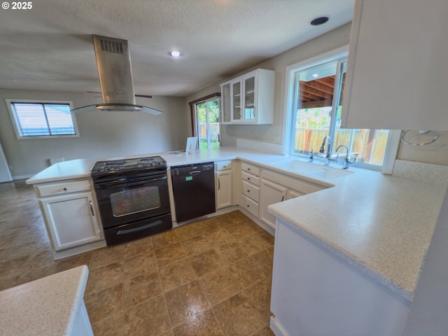 3880 SW 194th Pl, Beaverton, OR 97078 - kitchen with black appliances, a peninsula, island exhaust hood, a sink, and white cabinets