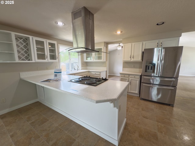 3880 SW 194th Pl, Beaverton, OR 97078 - kitchen featuring stainless steel fridge with ice dispenser, black electric stovetop, island range hood, white cabinetry, and a peninsula