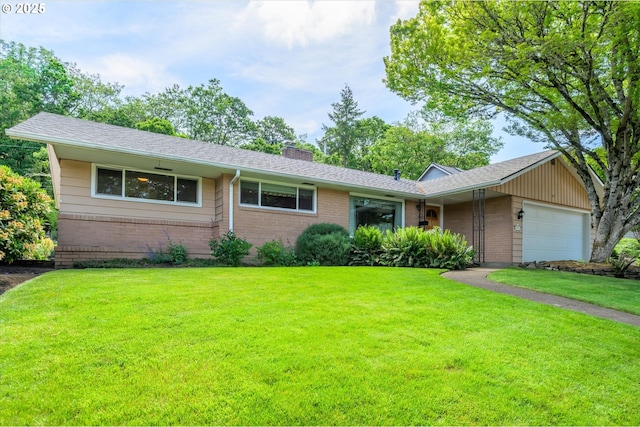 3985 Donald St, Eugene, OR 97405 - single story home featuring brick siding, a chimney, a front yard, and an attached garage