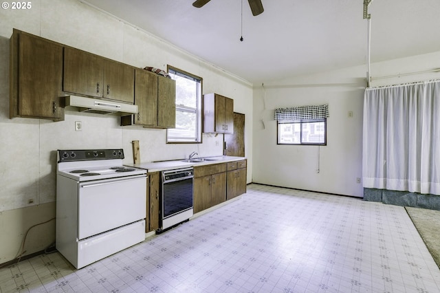 4805 NE 122nd Ave, Vancouver, WA 98682 - kitchen with white electric range oven, under cabinet range hood, dishwasher, light flooring, and light countertops