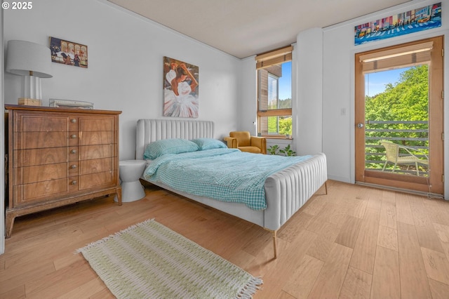 bedroom with access to exterior and light wood finished floors