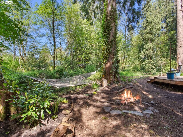 view of yard featuring a fire pit and a deck