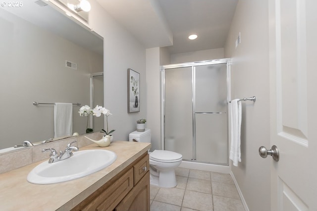 bathroom featuring tile patterned floors, visible vents, toilet, a stall shower, and vanity