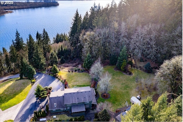 drone / aerial view with a water view