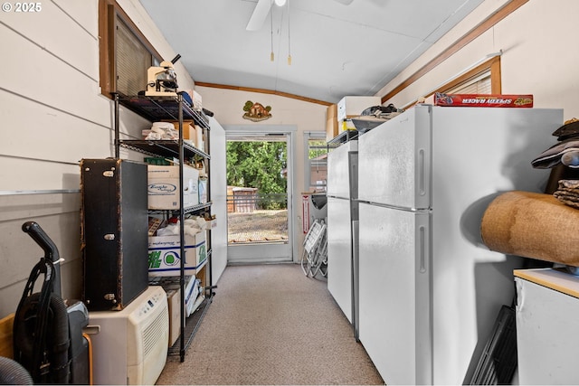 39005 Sandy Heights St, Sandy, OR 97055 - kitchen featuring freestanding refrigerator, carpet, a ceiling fan, and lofted ceiling