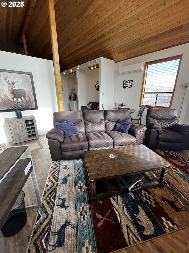 living room featuring wood ceiling, vaulted ceiling, and an AC wall unit