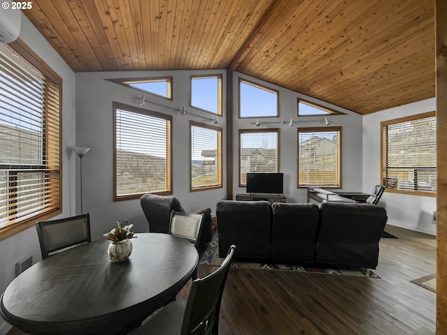 dining area with dark wood finished floors, an AC wall unit, vaulted ceiling, wooden ceiling, and baseboards