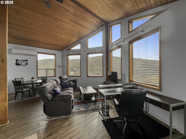 office area with high vaulted ceiling, a wall mounted air conditioner, wood finished floors, and wood ceiling