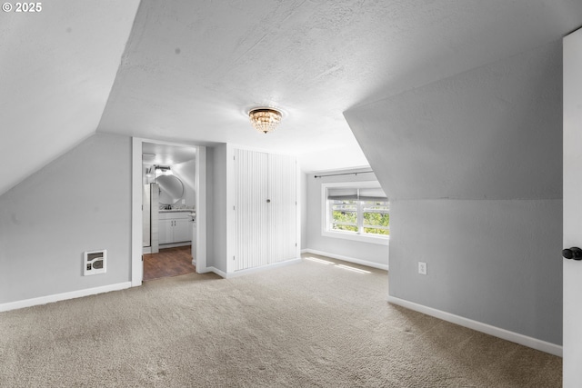 additional living space with carpet floors, baseboards, a textured ceiling, and lofted ceiling