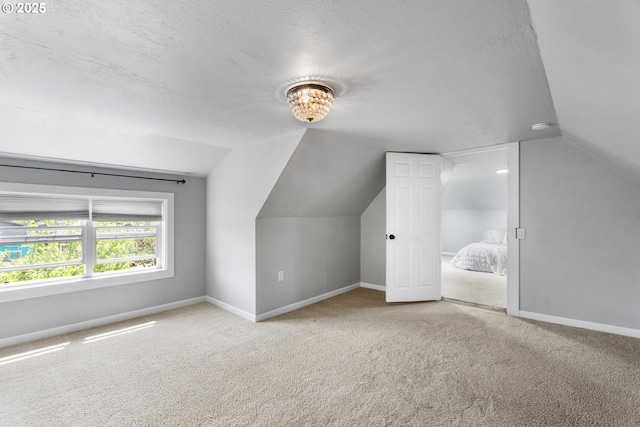 additional living space featuring baseboards, carpet, a textured ceiling, and lofted ceiling