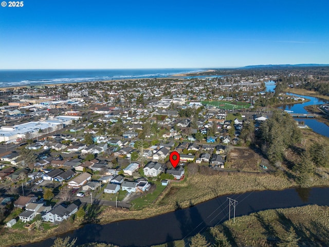 aerial view featuring a water view