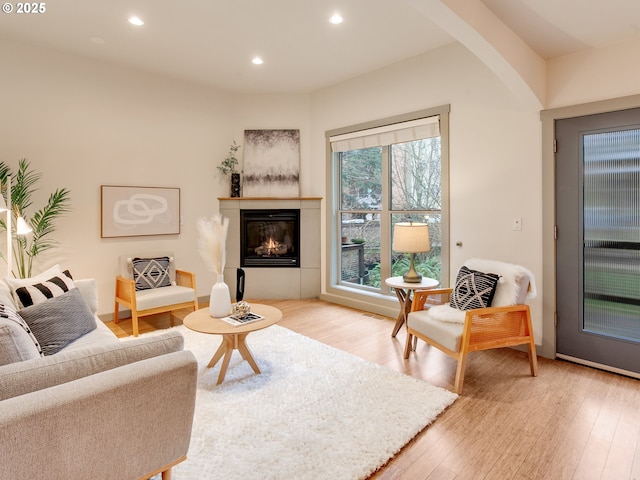 living room with a tiled fireplace and light hardwood / wood-style floors