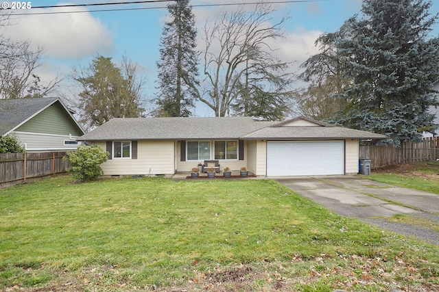 single story home featuring a front lawn, fence, driveway, and crawl space