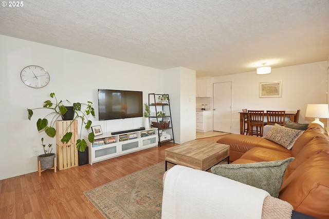 living room with a textured ceiling and wood finished floors