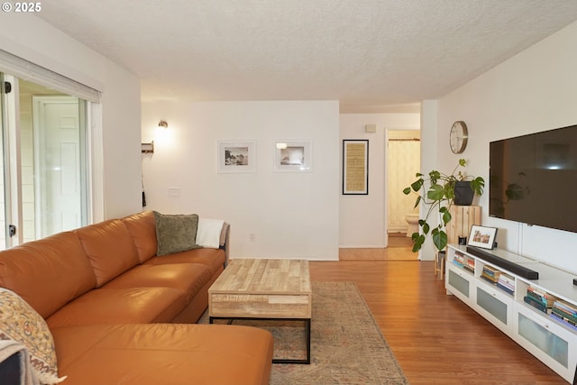 living area with a textured ceiling and wood finished floors