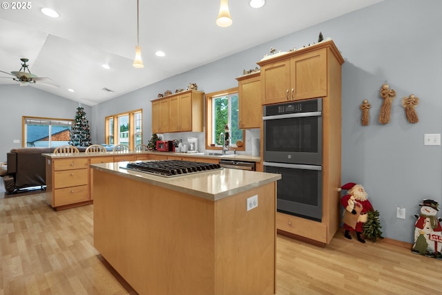 kitchen with decorative light fixtures, stainless steel appliances, a wealth of natural light, and vaulted ceiling