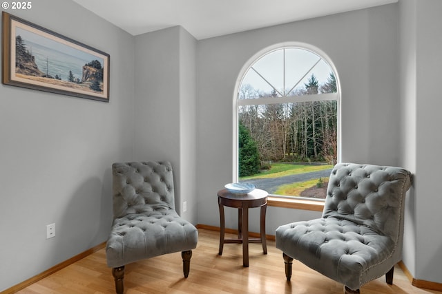 sitting room with plenty of natural light and light hardwood / wood-style floors