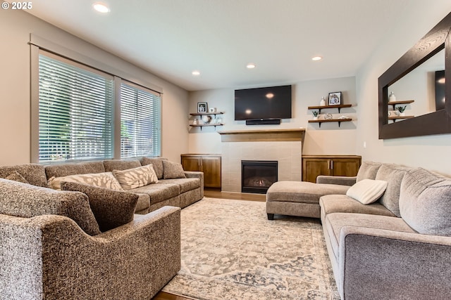 8326 SW Oak St, Portland, OR 97223 - living area with recessed lighting, wood finished floors, and a tile fireplace