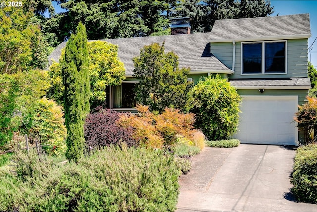 3116 SE 74th Ave, Portland, OR 97206 - view of property hidden behind natural elements with a chimney, a garage, a shingled roof, and driveway
