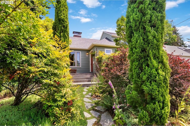 3116 SE 74th Ave, Portland, OR 97206 - view of property hidden behind natural elements featuring a chimney and roof with shingles